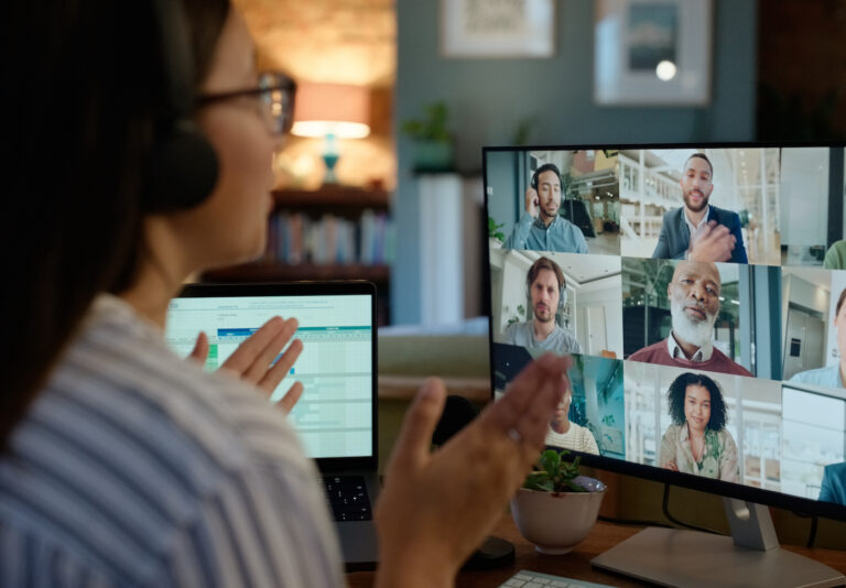 Woman, video call and conference or virtual meeting with colleagues discussion or home office, collage or webinar