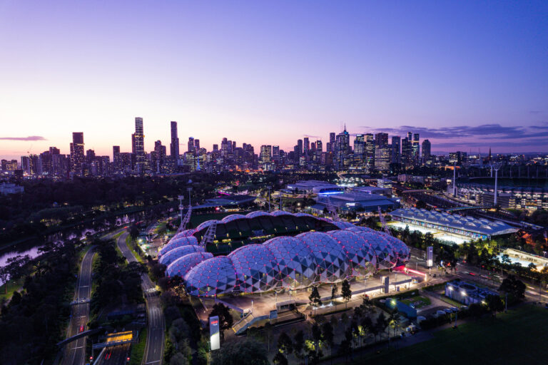 Melbourne skyline and AAMI Park at twilight