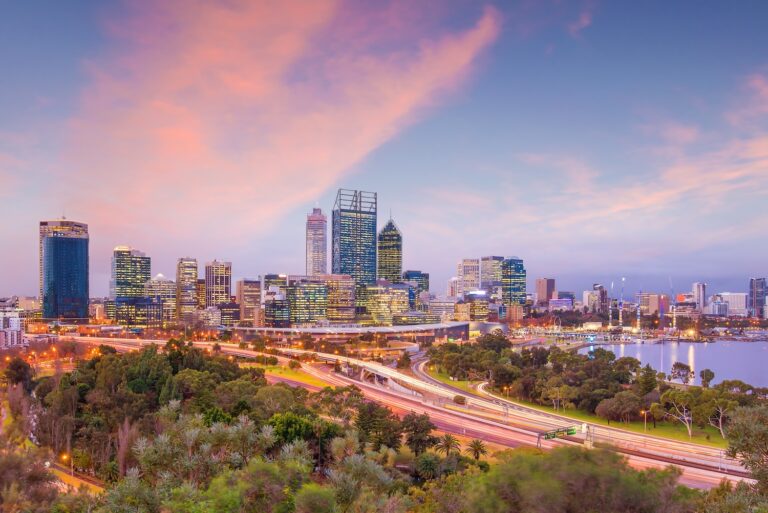 Downtown Perth skyline in Australia at twilight